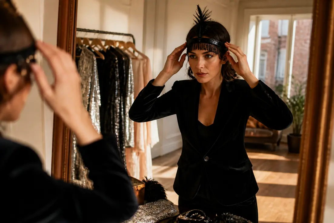 Une femme élégante choisit une tenue cabaret femme avec des accessoires vintage étincellants dans une pièce chaleureuse.