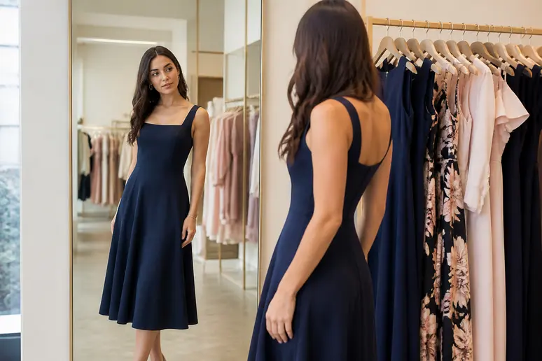 Femme essayant une tenue cocktail femme midi élégante dans une boutique lumineuse