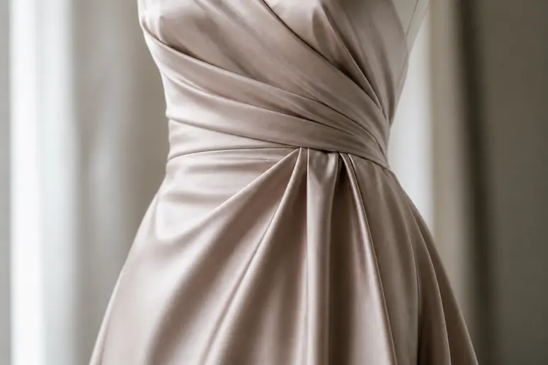Gros plan sur le tissu fluide et la coupe d une tenue cocktail femme trapèze