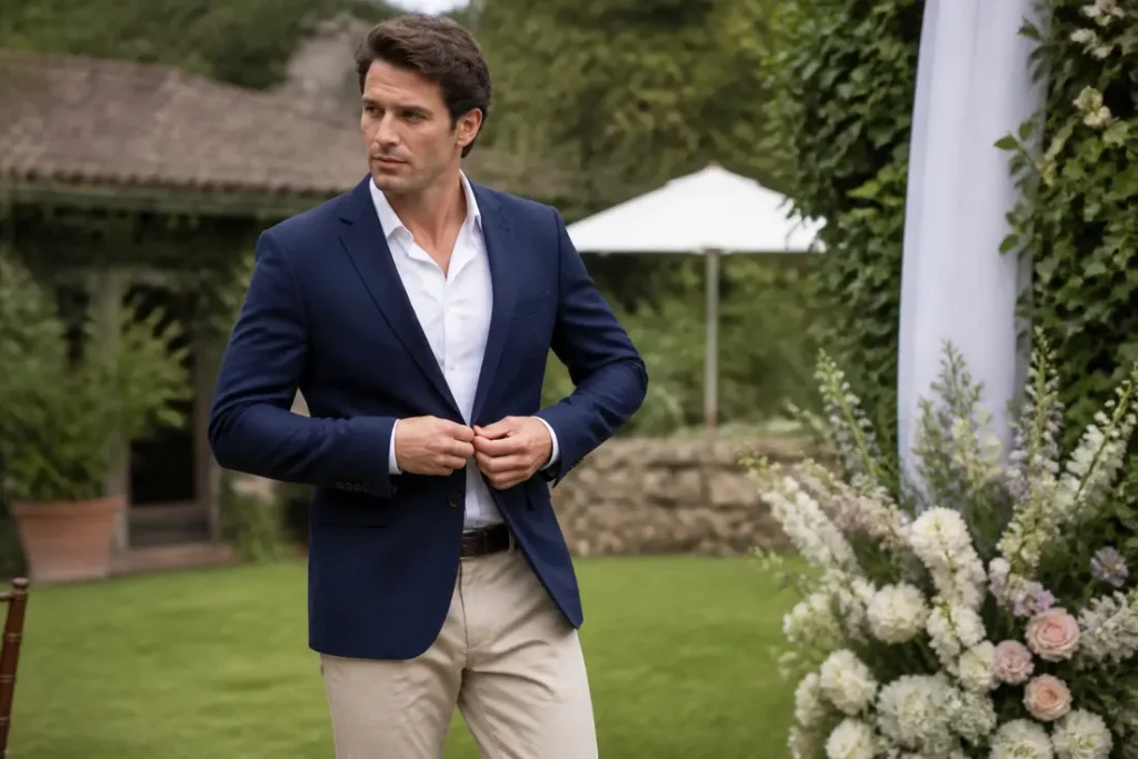 Un homme élégant ajuste sa tenue mariage homme décontractée composée d'un blazer bleu et de chinos beiges.