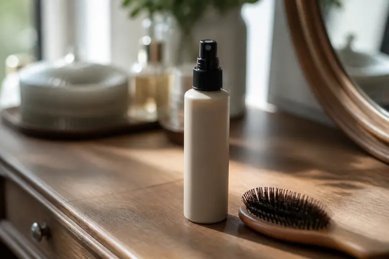 Flacon de spray texturisant et brosse à cheveux posés sur une coiffeuse en bois