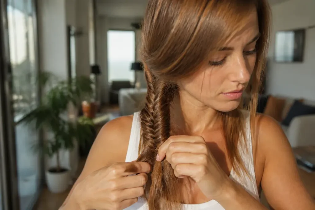 Jeune femme réalisant une élégante tresse épi de blé dans un intérieur lumineux