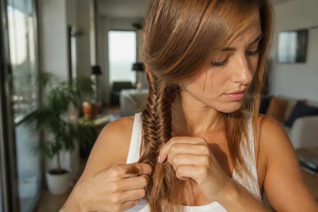 Jeune femme réalisant une élégante tresse épi de blé dans un intérieur lumineux