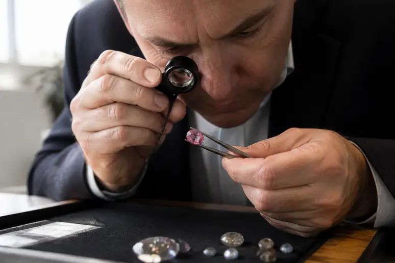 Gemmologue examinant un grand diamant rose ovale avec une loupe de grossissement