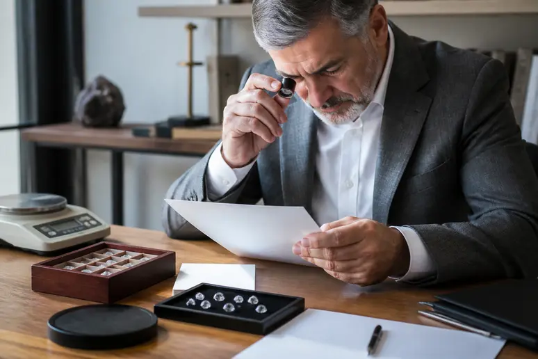 Expert analysant des certificats gemmologiques et des documents d'évaluation de bijoux de prestige