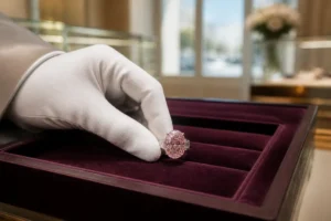 Une bague la plus chère du monde étincelle sur un plateau de présentation dans un salon.