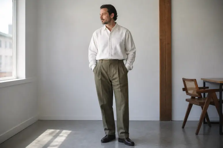 Silhouette masculine portant un pantalon Beams Plus à pinces et coupe ample.
