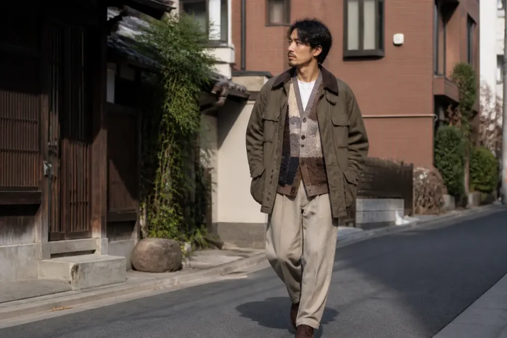 Homme habillé avec élégance marchant dans une rue de Tokyo pour illustrer Beams Plus avis qualité style.