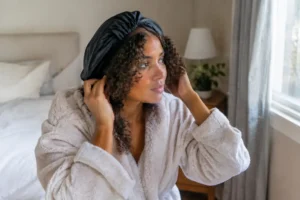 Une personne ajuste soigneusement un bonnet satin cheveux bouclés dans sa chambre avant de dormir