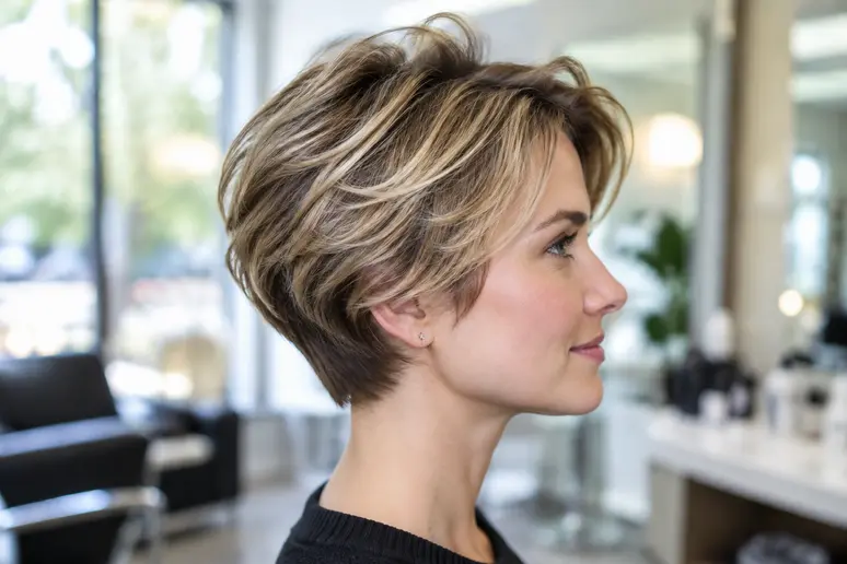 Coupe courte dégradée au-dessus de la mâchoire adaptée à un visage rond