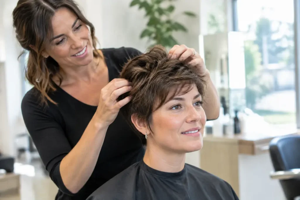 Femme souriante avec une coiffure cheveux fins courts obtenant des conseils de volume en salon