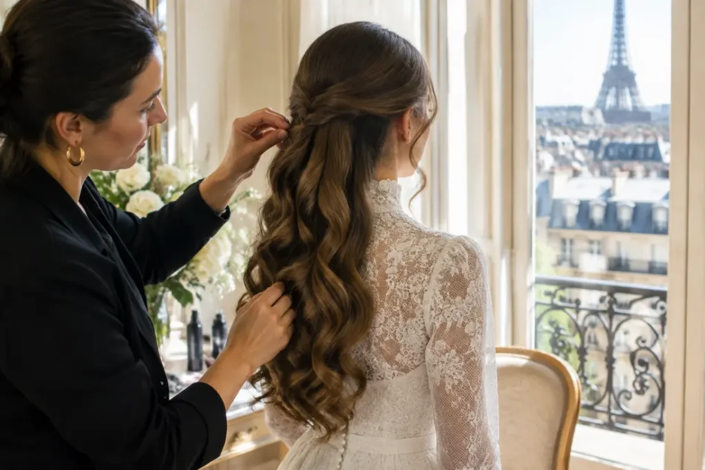 Jeune mariée aux cheveux ondulés naturels vue de dos avec une coiffure mariage cheveux détachés