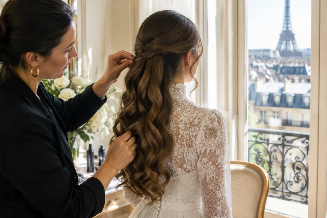 Jeune mariée aux cheveux ondulés naturels vue de dos avec une coiffure mariage cheveux détachés