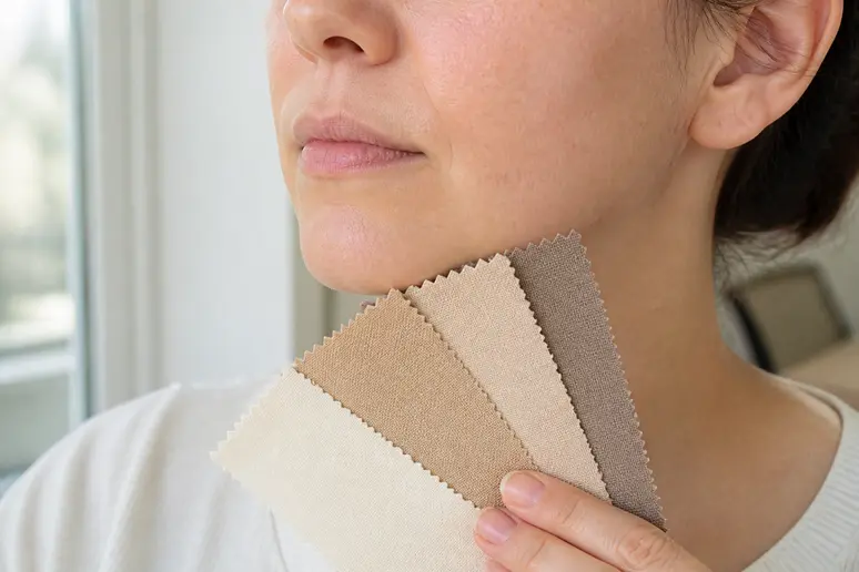 Test de colorimétrie femme réalisé à la lumière naturelle avec des coupons d'étoffes neutres