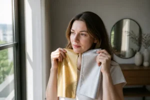 Femme testant des tissus dorés et argentés près d'une fenêtre lumineuse pour son test colorimétrie femme