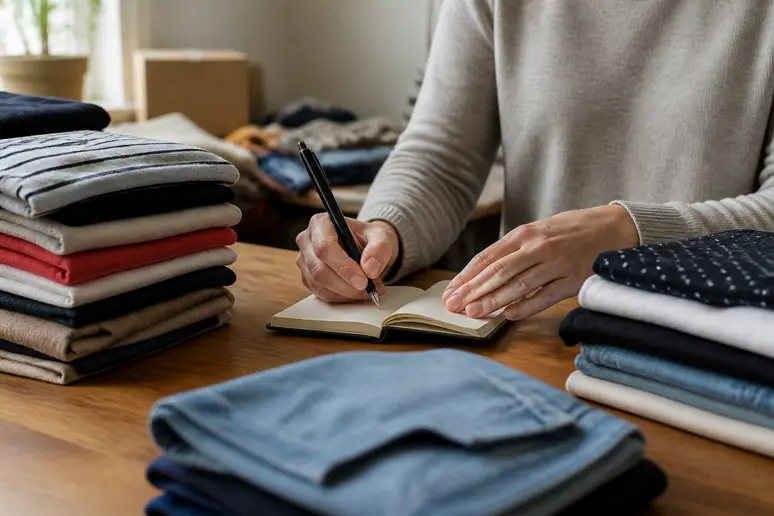 Mains écrivant des repères de dressing pour classer articles Vinted dans un carnet