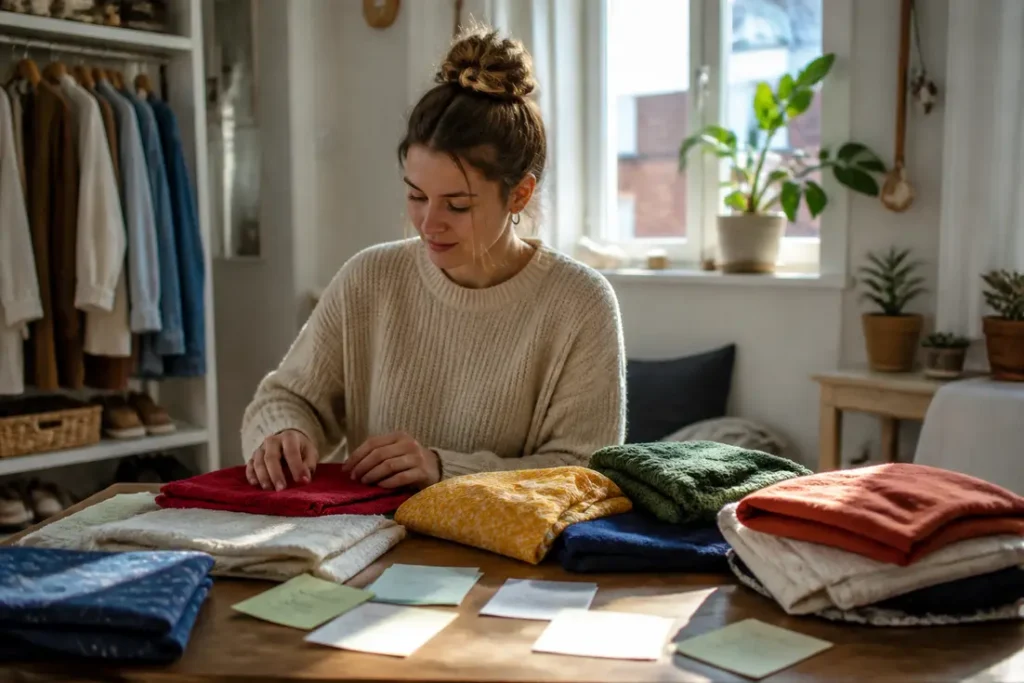 Jeune femme organisant ses vêtements sur un bureau en bois pour apprendre comment classer articles Vinted.