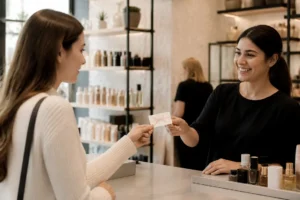 Cliente achetant des produits de beauté en boutique où utiliser carte cadeau kadeos infini
