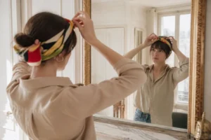 Une femme ajuste un foulard cheveux femme coloré devant son miroir le matin.