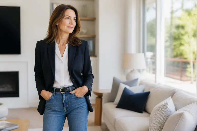 Veste tailleur structurée portée avec un jean brut pour femme de cinquante ans