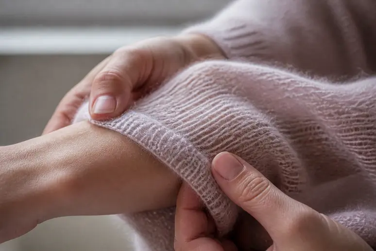 Mains testant la souplesse et la douceur d'un tricot en kid mohair pour évaluer le confort sur la peau.