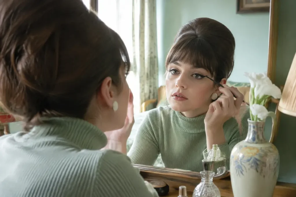 Jeune femme appliquant un maquillage année 60 devant son miroir rétro lumineux