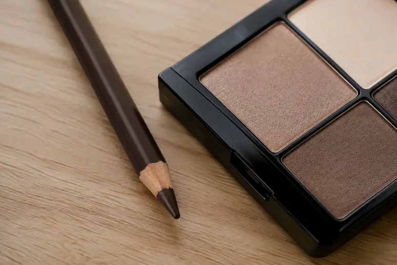 Crayon pour les yeux aux ingrédients contrôlés posé sur une table claire en gros plan