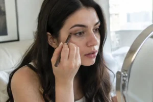 Jeune femme appliquant un crayon délicatement lors de sa routine maquillage yeux marron à la maison