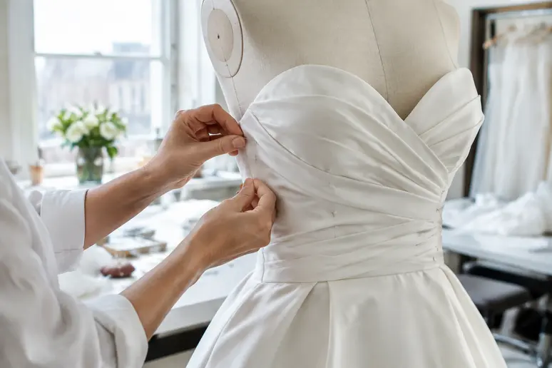 Retouche minutieuse du bustier d'une robe de mariée sur mannequin en atelier de couture