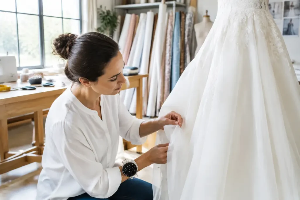 Une couturière ajuste avec minutie une retouche robe de mariée dans son atelier lumineux.