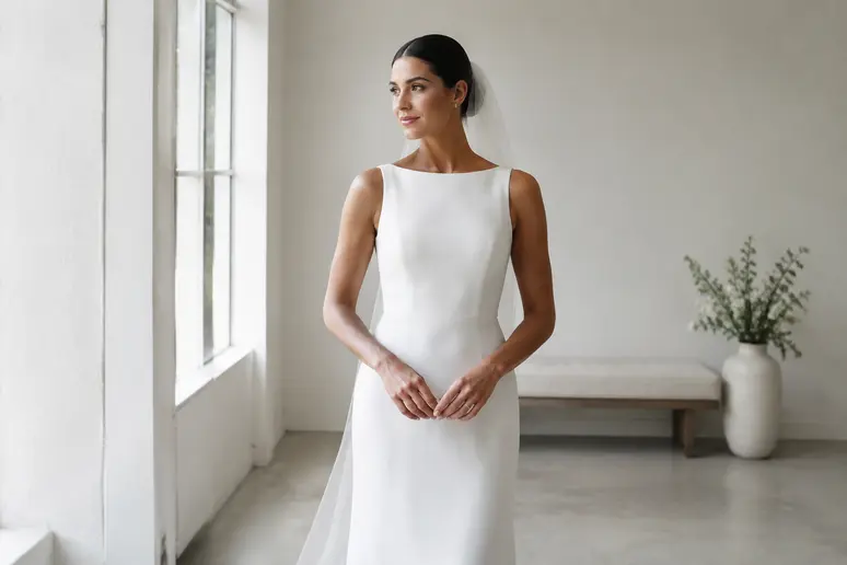 Jeune femme élégante portant une robe de mariée chic et simple aux lignes épurées