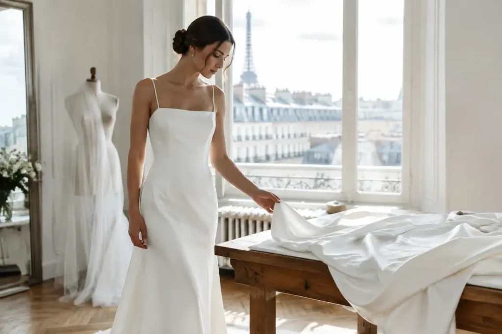 Une future mariée découvre les détails d'une robe de mariée chic et simple dans un atelier lumineux