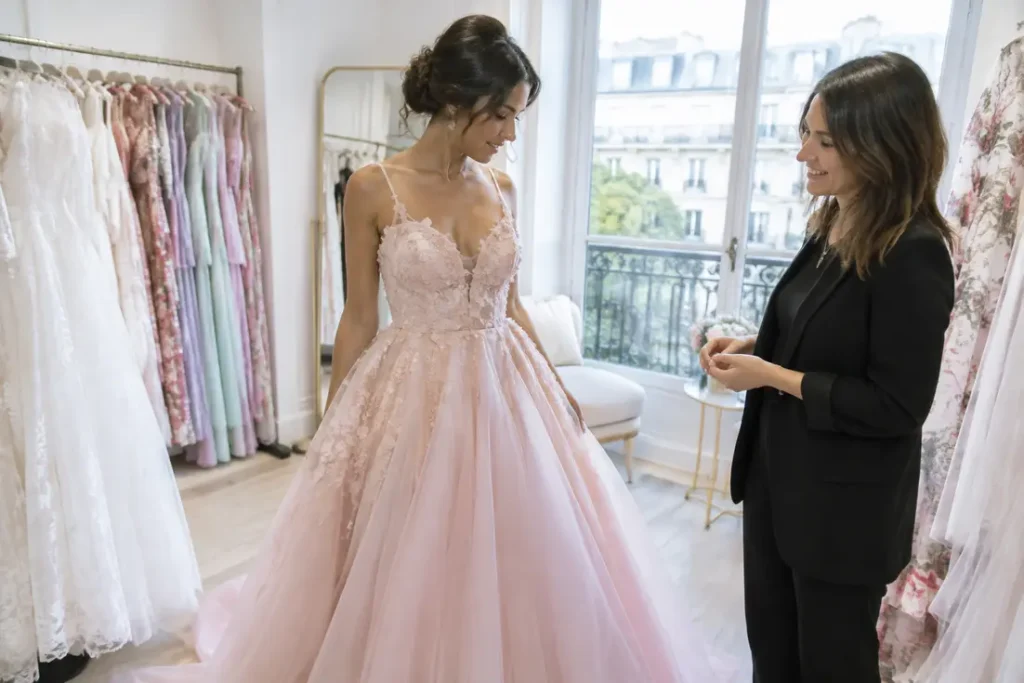 Une future mariée essaie une robe de mariée colorée dans une boutique lumineuse.