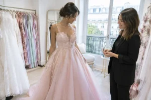 Une future mariée essaie une robe de mariée colorée dans une boutique lumineuse.
