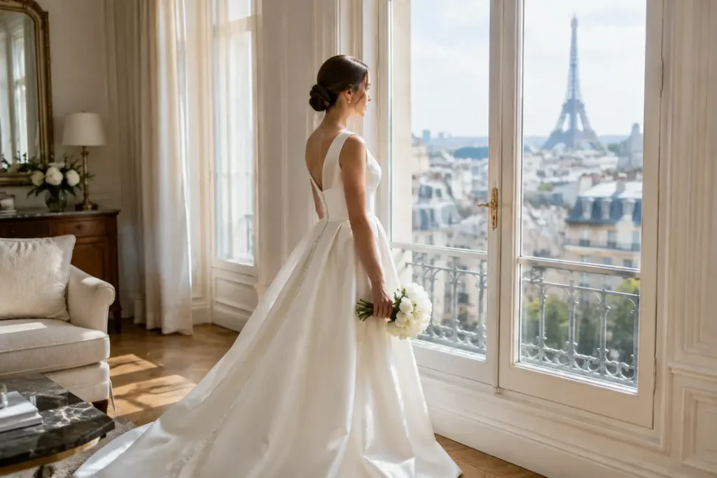 Une mariée essaie une élégante robe de mariée ivoire dans un lumineux appartement parisien