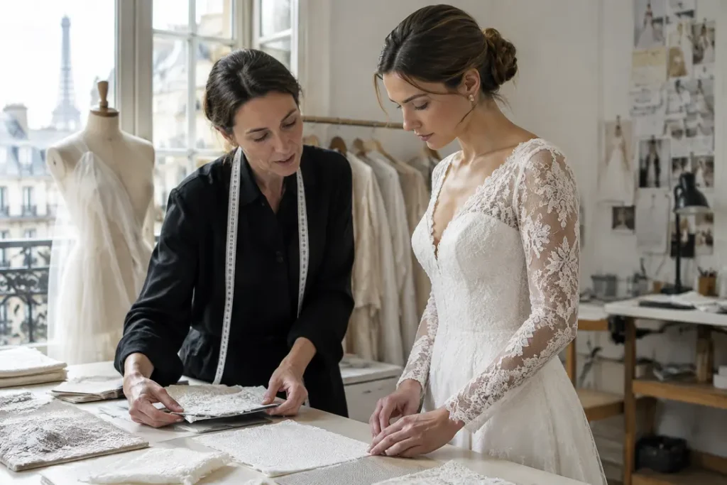 Essayage d une robe de mariée manches longues dans un atelier de couture parisien lumineux