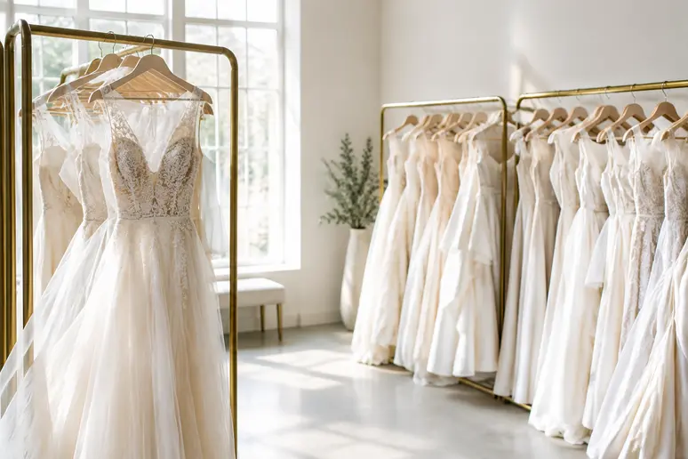 Robe de mariée seconde main suspendue sur un portant dans une boutique spécialisée lumineuse