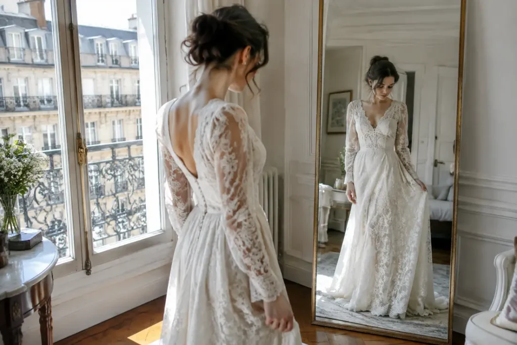 Une future mariée essaie une robe de mariée seconde main dans un appartement lumineux