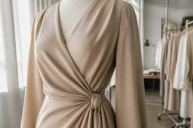 Robe habillée portefeuille fluide avec un drapé pour femme de soixante ans