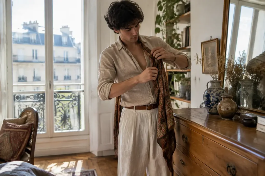 Un homme compose une tenue dans un style bohème homme avec une chemise en lin dans un appartement lumineux