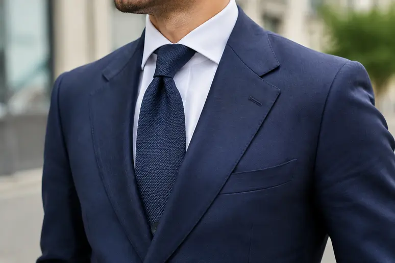 Veste de costume bleu marine à structure cintrée illustrant le style italien homme