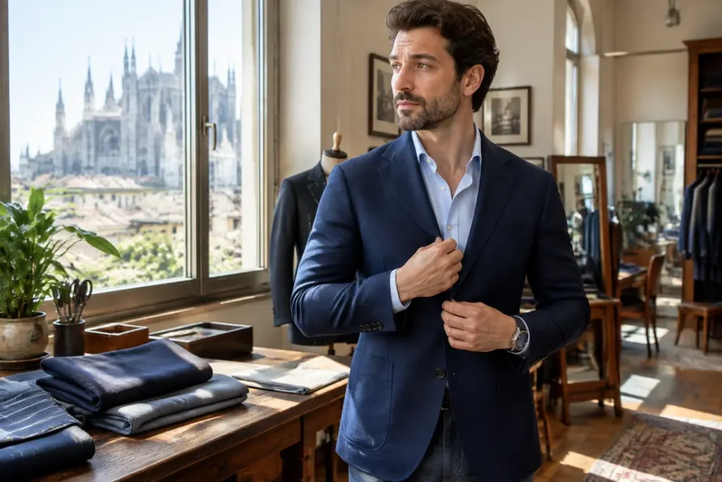 Un homme élégant ajuste sa veste de costume sur mesure dans un atelier de couture ensoleillé pour illustrer le style italien homme.