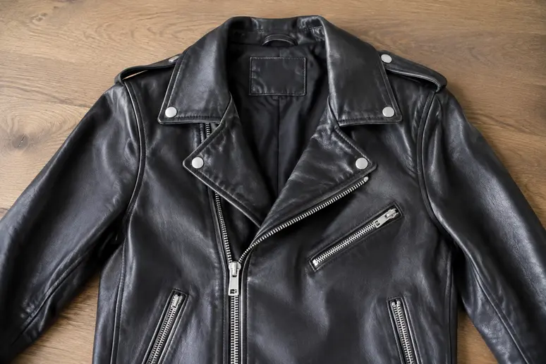Veste en cuir noir classique avec zips argentés pour un style rock femme structuré.