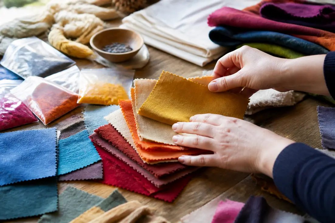 Un atelier lumineux montrant quelle teinture pour quel tissu choisir selon les matières textiles.