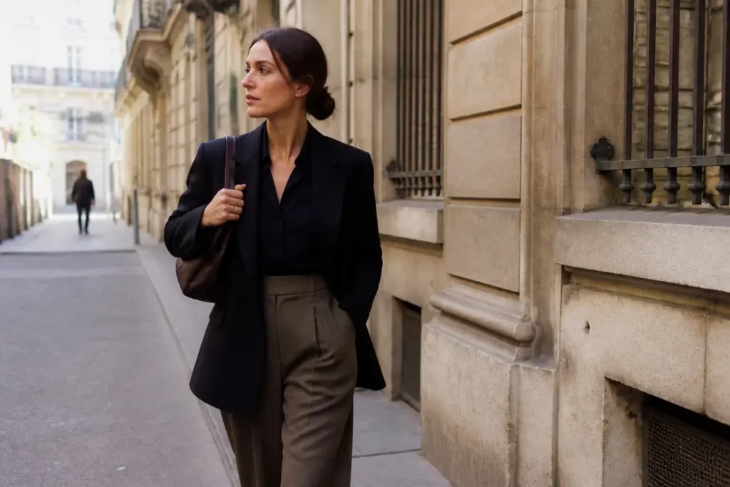 Femme élégante portant une tenue année 80 femme chic avec un tailleur structuré dans une rue