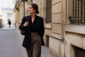 Femme élégante portant une tenue année 80 femme chic avec un tailleur structuré dans une rue