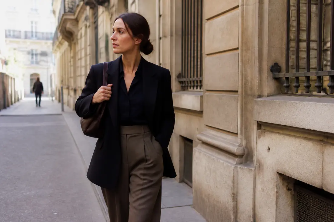 Femme élégante portant une tenue année 80 femme chic avec un tailleur structuré dans une rue