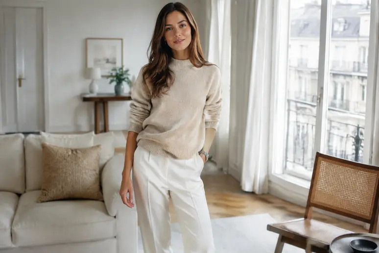 Femme portant une tenue casual chic composée d'un pull beige et d'un pantalon blanc.