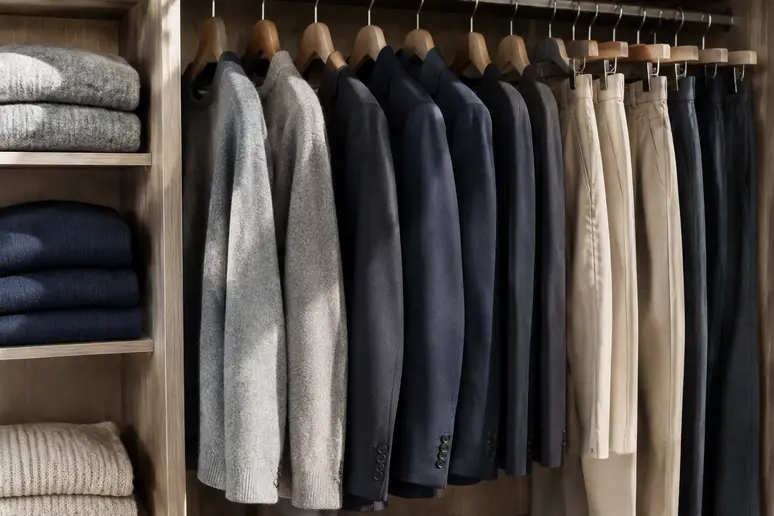 Garde-robe minimaliste avec des vêtements aux tons neutres pour une tenue casual chic.