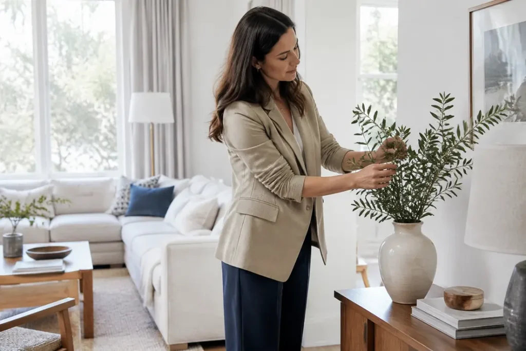 Une femme élégante porte une tenue casual chic femme composée d'un blazer beige et d'un pantalon bleu.